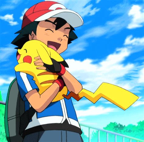 ash and pikachu gif|pikachu x ash kissing.